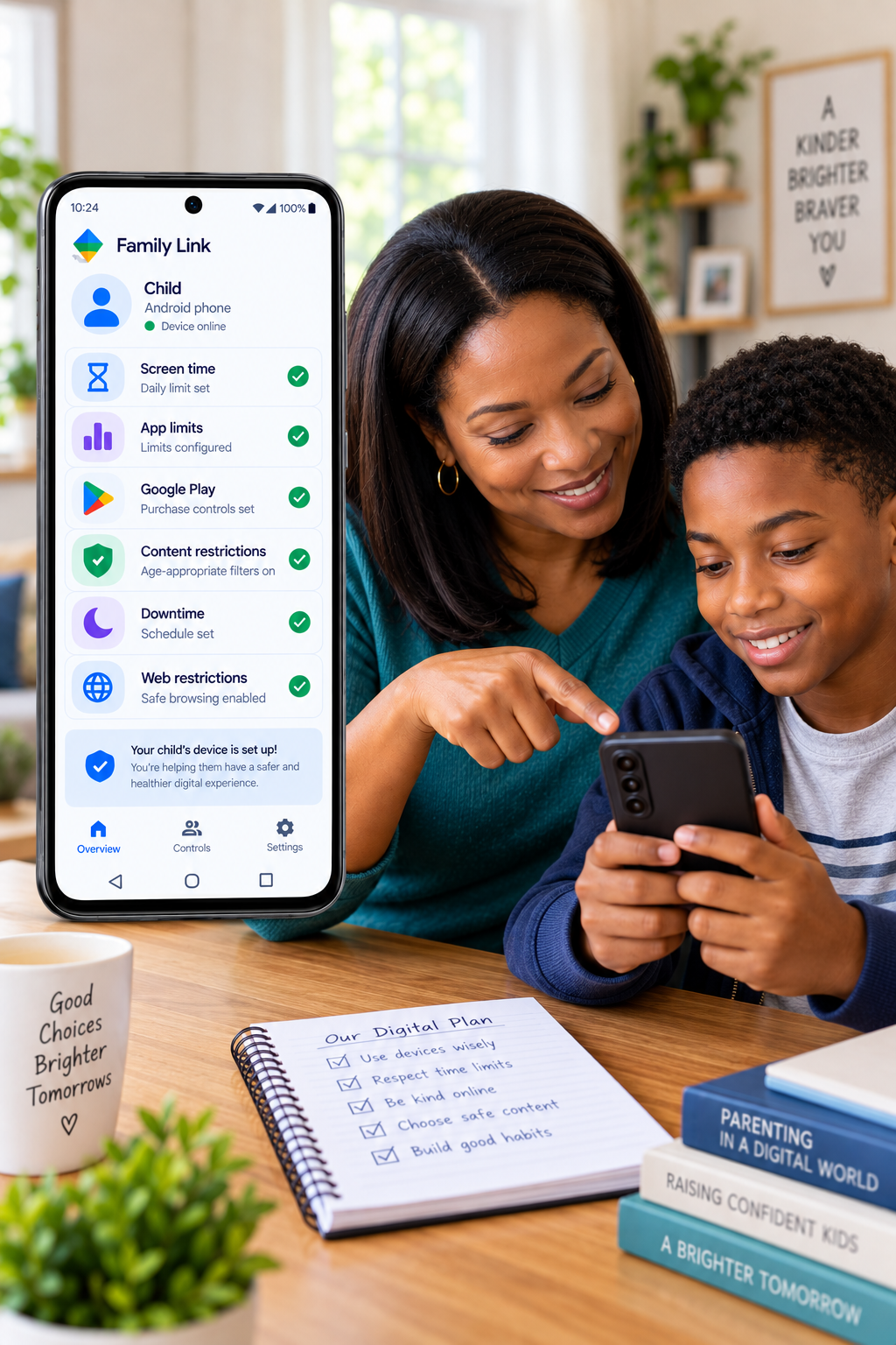 A parent and child reviewing a phone together